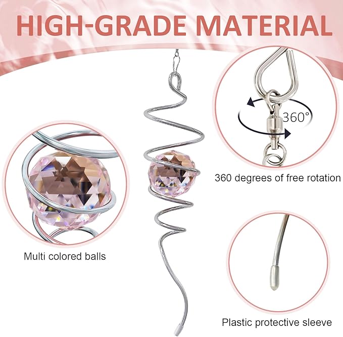 Gazing Ball Spiral Tail, Spiral Wind Spinners with Pink Crystal Orb with Swivel Hook, Suncatcher Rainbow Maker Hanging Garden Ornament Outdoor Decoration Indoor Outdoor Decor 13 inch Height