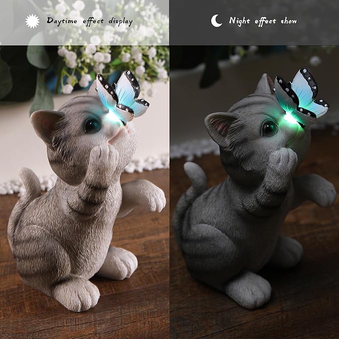Cat Garden Statue Outdoor Solar Decorations Butterfly Light Figurine Color Changing LED Lights Resin Sculpture Art Decor Patio Lawn Yard Housewarming Gifts for Women Grandma Mom