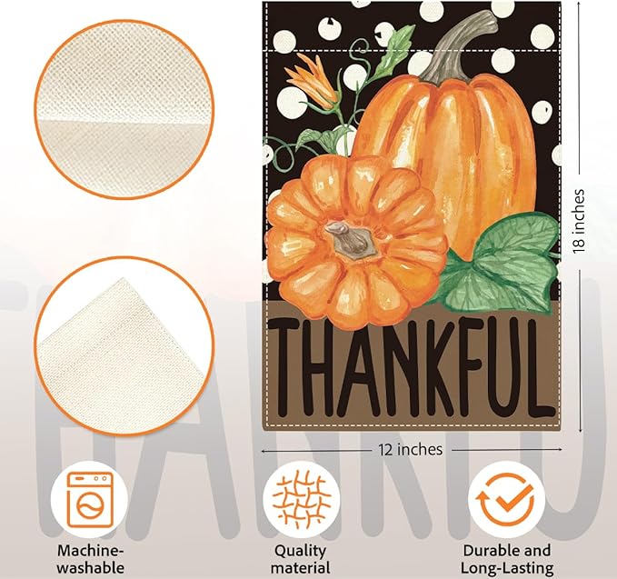 Fall Thankful Garden Flag Autumn Pumpkin Garden Flag 12x18 inch Double Sided Fall Thanksgiving Flags Holiday Decorations for Yard Outdoor Home Porch (Flay 1807)