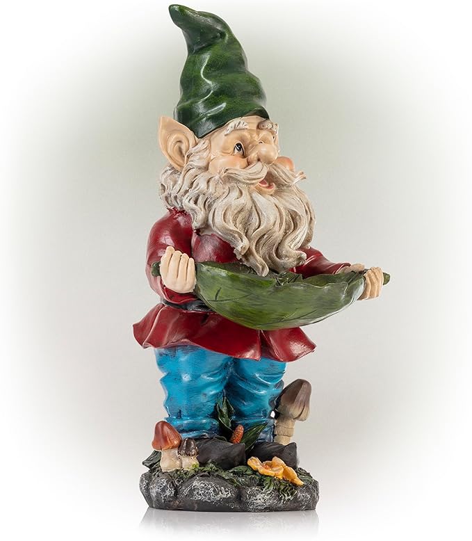 Alpine Corporation 16" Tall Outdoor Garden Gnome and Bird Feeder Yard Statue Decoration