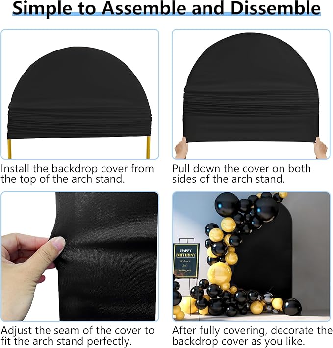 Hemmotop Wedding Arch Backdrop Cover, Set of 2 (7.2ft, 6ft), 2 Sided Stretchy Spandex Fitted Balloon Arch Stand Backdrop for Birthday Party, Baby Shower, Black