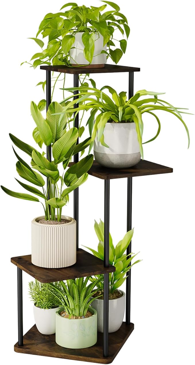 Bamworld Small Plant Stand Indoor, 4 Tier Metal Plant Shelf for Multiple Plants, Corner Flower Stand for Patio Garden Balcony Living Room Bedroom(Brown)