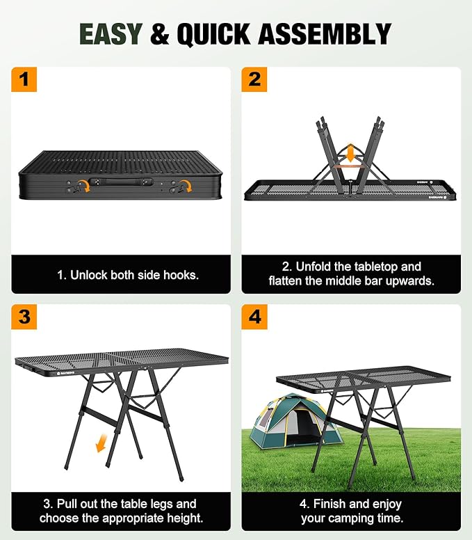 Foldable Grill Table with Mesh Desktop, 200lbs 4Ft Portable Folding Table, Height Adjustable Metal Table for Ourdoor, Camping, Picnic, BBQ and Beach, RV, 47.24" L x 23.62" W