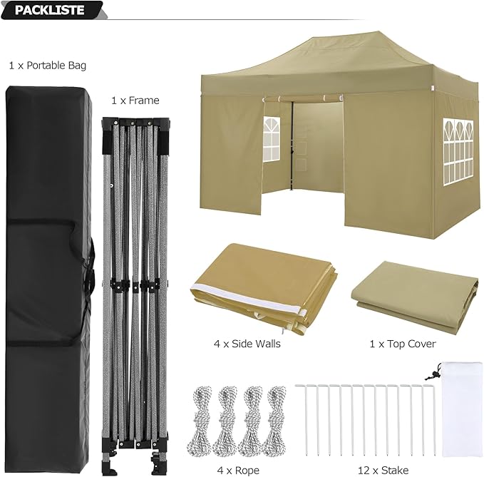 COBIZI 10x15 Heavy Duty Pop up Canopy Tent with 4 sidewalls Commercial Outdoor Canopy Wedding Party Tents for Wedding All Season Wind & Waterproof Gazebo with Carry Bag, Khaki(Frame Thickened)