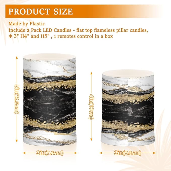 Flickering Flameless Candles, Black White Marble Gold Veins LED Candles with Remote Timer, Set of 2 Battery Operated Candle for Valentine Wedding Birthday