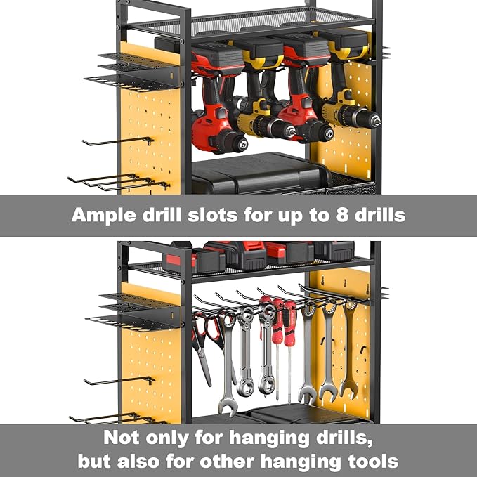 CCCEI Garage Power Tools Organizer Cart with Charging Station, Black Floor Standing Rolling Drill and Tools Battery Storage Cart on Wheels. Yellow Utility Rack Gift for Men, Husband, Father.