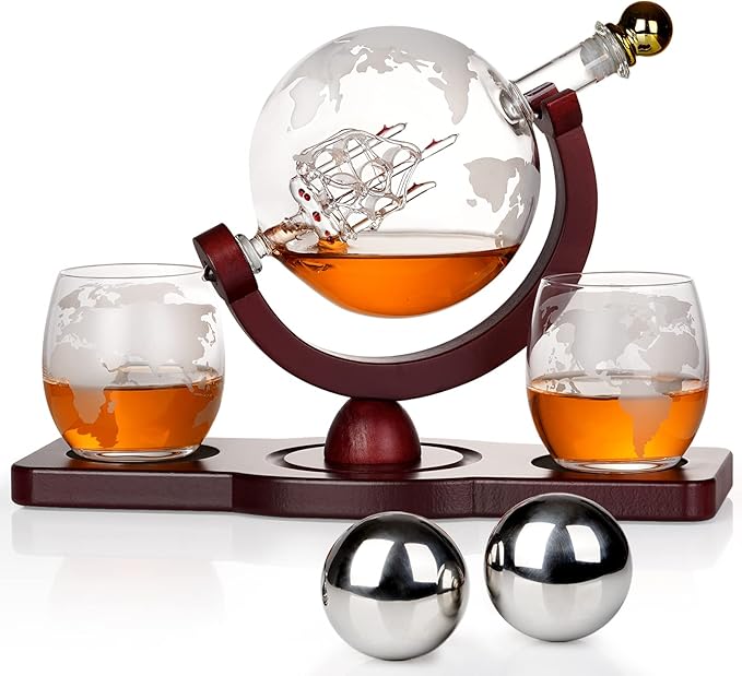 Gifts for Men Dad Fathers Day, PONPUR Whiskey Decanter Globe Set with 2 Ball Stones & 2 Glasses, Anniversary Birthday Gifts for Him Husband Boyfriend Brother, Cool Stuff Gift for Bourbon Scotch