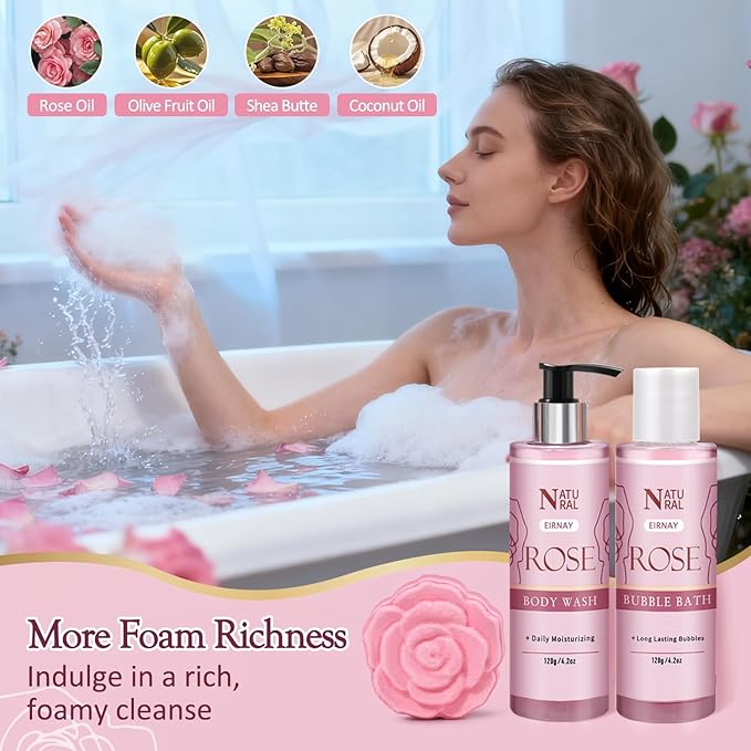 Gifts for Women,12pc Rose Scented Bath and Body Set Birthday Gift Baksket for Women Home Spa Bath Set for Her Mom Sister Wife Friend Christmas Stocking Stuffers Gifts
