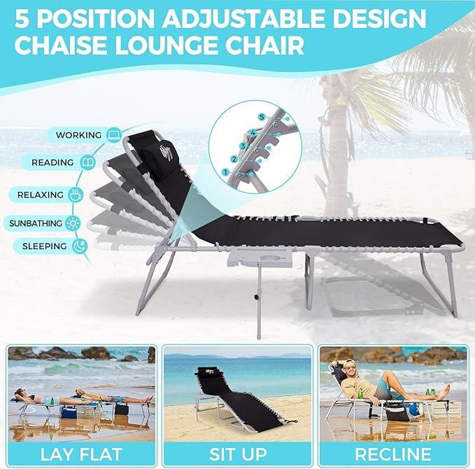 #WEJOY 2 Pack Outdoor Chaise Lounge Chair - Portable Folding Patio Pool Lounge Chair, 5 Positions Adjustable Reclining Camping Chair with Side Table,Shoulder Strap, Pillow for Beach Sunbathing Lawn
