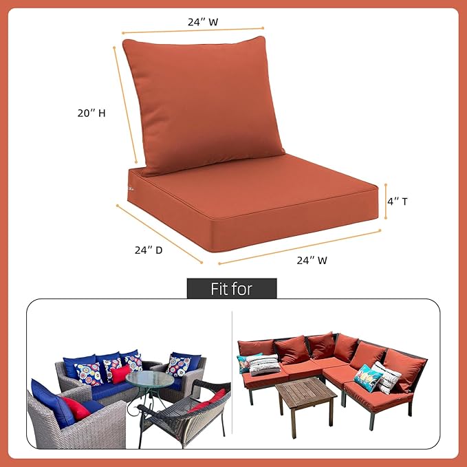 Favoyard Outdoor Seat Cushion Set 24 x 24 Inch Waterproof & Fade Resistant Patio Furniture Cushions with Removable Cover Deep Seat & Back Cushion with Handle and Adjustable Straps for Chair Sofa Couch