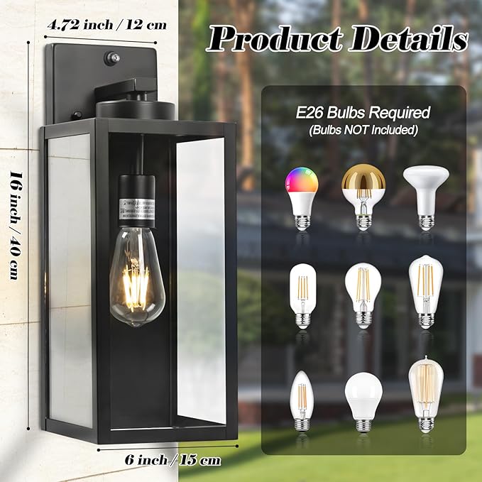 Dusk to Dawn Outdoor Wall Light Fixture, 16" Large Exterior Black Lantern Waterproof, Farmhouse Porch Sconce Lighting, Modern Wall-Mounted Outside Lights for House Garage, Patio Lamp
