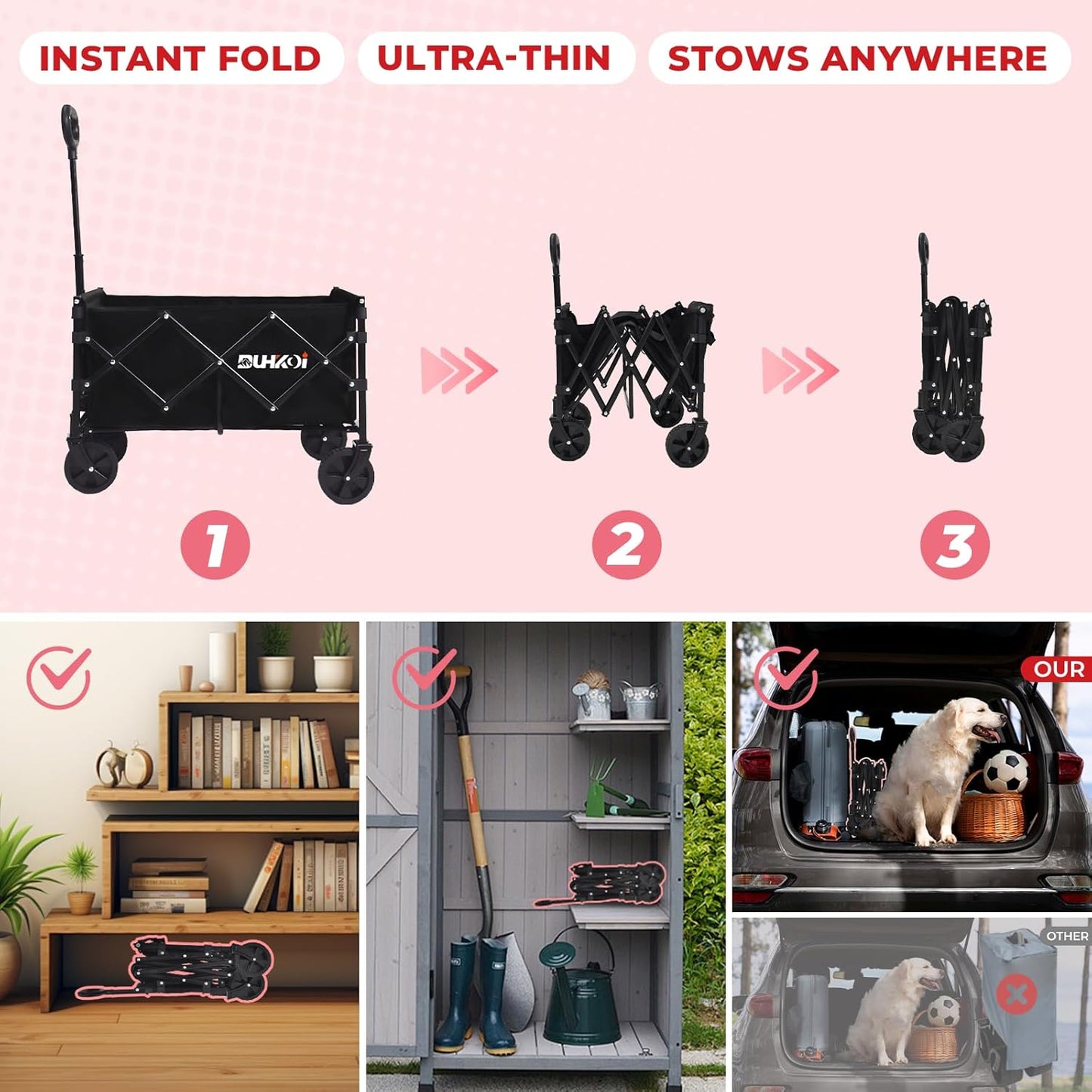 Collapsible Wagon Cart with Wheels Foldable,11 Lbs Lightweight Portable Folding Utility Wagon,90 L Heavy Duty Grocery Shopping Carts,Versatile for Garden Sports Camping Park Outdoor Use