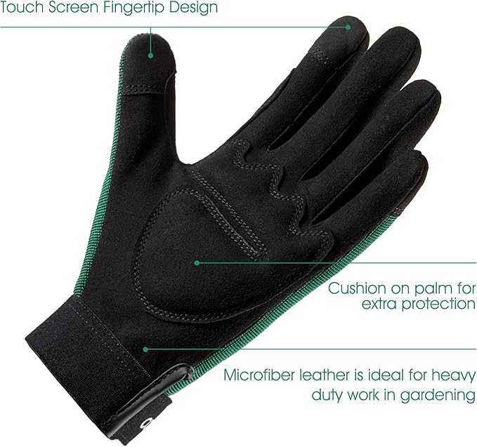COOLJOB Thorn Proof Garden Gloves with Touchscreen Fingers for Men, Rose Pruning Work Gloves with Palm Cushion for Gardener, Farmer and Landscaper (Green 1 Pair Large)