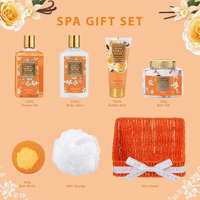 Christmas Gifts for Women - 7 Pcs Vanilla Bath and Body Gift Basket Set Spa Gift Basket Set for Women with Bath Bomb | Perfect Valentine's, Birthday, Mothers Day for Mom, Gift Set for Her All Occasion