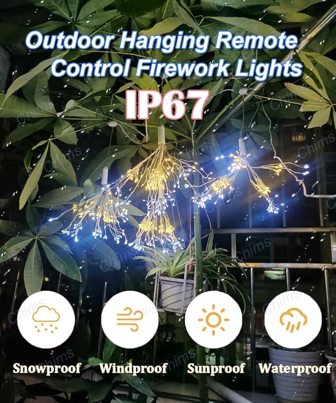 4 Pack Firework Lights, Yellow and White Patio Fairy Light Lighting Star Fireworks Sphere Fancy 120 LED DIY Dandelion Decoration Light with Remote, for Outdoor Bar Tree Wedding Party Restaurant