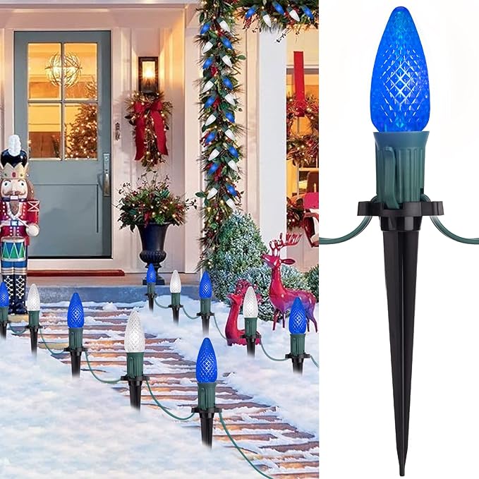 C9 LED Christmas Lights Outdoor with stakes, 25.7ft 20 LED Strawberry String Lights, Connectable Shatterproof Pathway Lights Marker for Path, Lane, Patio, Xmas Holiday Decorations, Blue and White