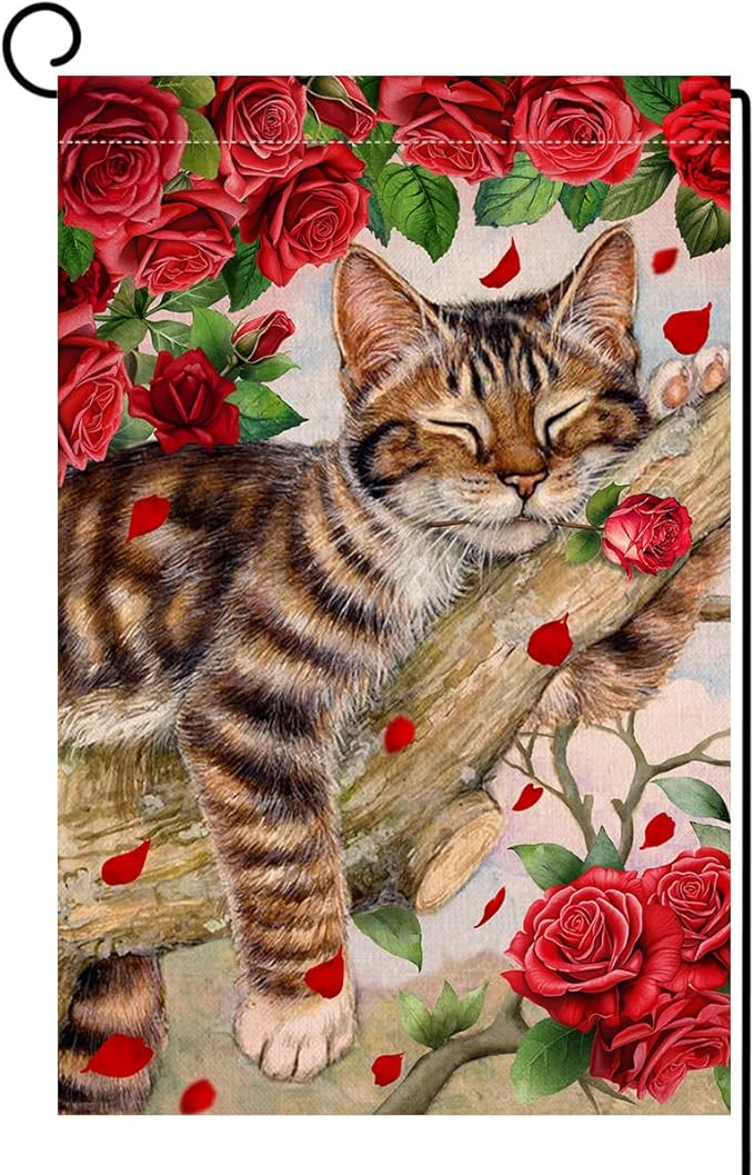 BLKWHT Valentines Cat Garden Flag 12x18 Vertical Double Sided Red Roses Spring Farmhouse Holiday Outside Decorations Burlap Yard Flag BW757
