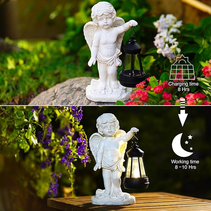 Goodeco Cherub Statue with Solar Lantern - Angel Statue for Garden Patio Yard Porch Lawn Outdoor Decor, Angel Figurines Memorial Spiritual Gifts
