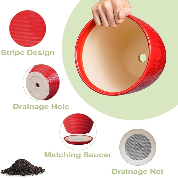 Ceramic Pot for Plants - 8 Inch Plant Pot for Indoor Plants Outdoor Round Planter Modern Flower Pot with Drainage Hole and Saucer Home Garden Office Porch Decor Red