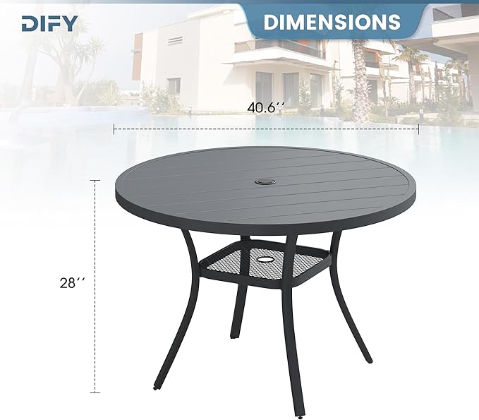 DIFY Outdoor Dining Table for 4, Round Patio Table with Umbrella Hole for Garden, Backyard and Porch (Dark Grey)