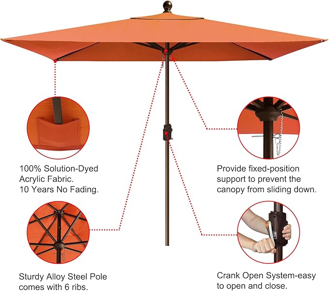 EliteShade USA 10-Year-Non-Fading 6.5x10Ft Rectangular Market Umbrella Patio Umbrella Outdoor Table Umbrella with Ventilation（Rust）