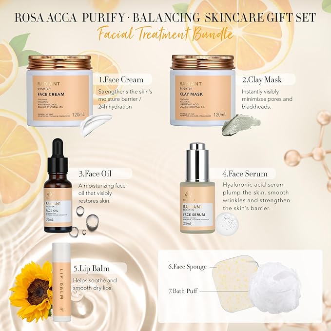 Skin Care Set for Women & Men, 28pcs Facial Kit at Home, Self Care Pamper Set, Birthday Gifts, Orange Spa Gift Baskets for Women, Serum, Face Cream, Bath Oil, Bath Bomb, Mothers Day, Christmas, Dad