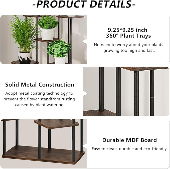 AZERPIAN Plant Stand 7 Tier Indoor Metal Flower Shelf for Multiple Plants Corner Tall Flower Holders for Patio Garden Living Room Balcony Bedroom, Black Oak