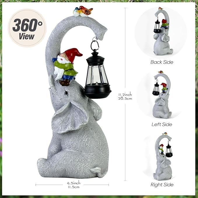 Elephant Statues Garden Decor - Lucky Elephant Outdoor Statues with Solar Powered Lantern, Elephant Statue Gifts for Women,Resin Yard Art for Outdoor & Home Decor(11" Elephant)