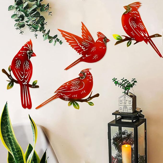 4 Pack Metal Cardinal Wall Art Decor Metal Birds 3D Outdoor Sculpture, Ornaments Hand-Made Nimble red Bird, Gifts for Mom,Birthday Gifts for Grandma Wife