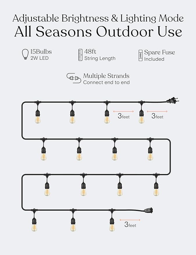 Brightech Ambience Pro - Waterproof LED Outdoor String Lights - 15 Bulbs, Dimmable 2W Vintage Spiral Edison Bulbs - 48 Ft Commercial Grade Patio Lights Cafe Ambience in Your Backyard