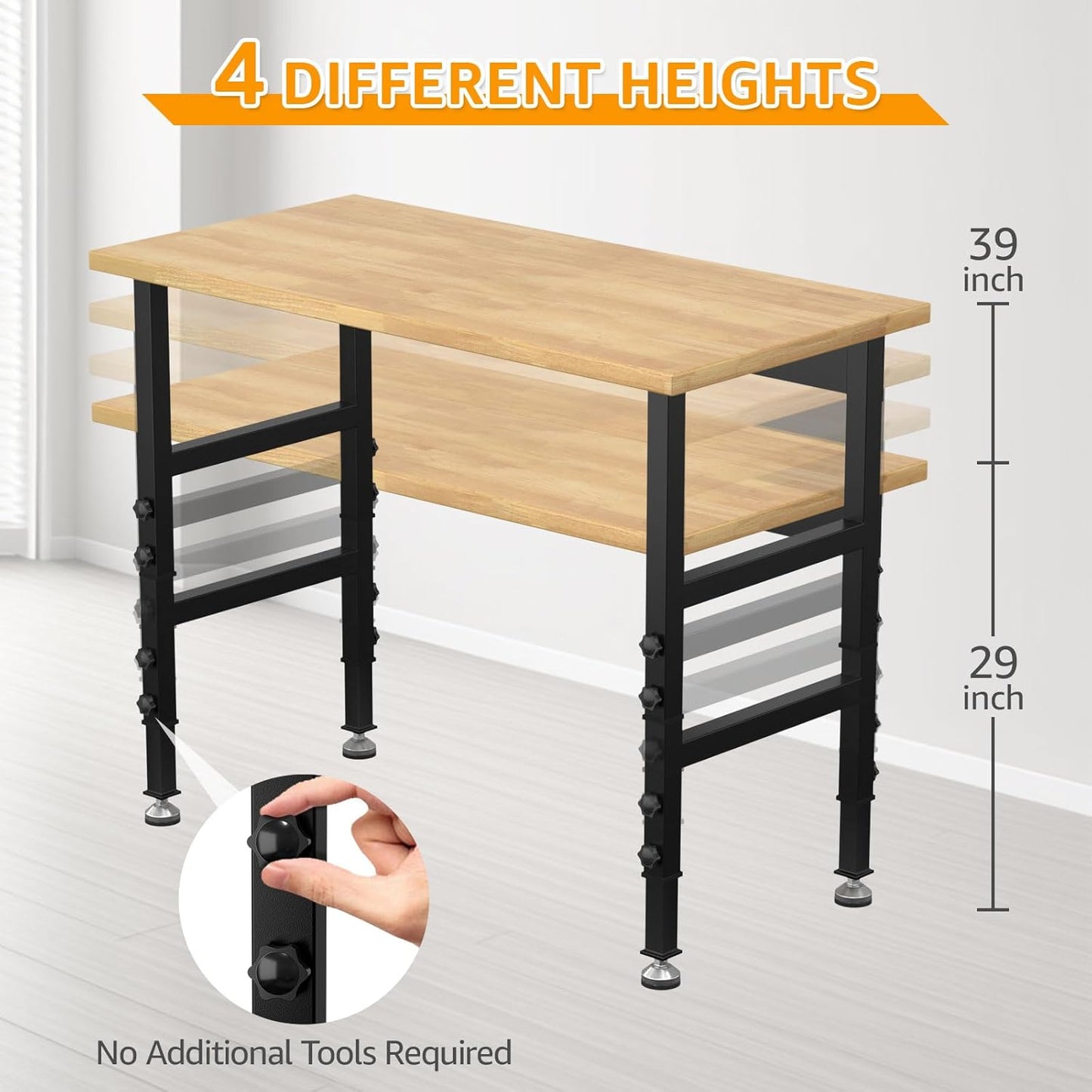 48" Adjustable Workbench,Heavy-Duty Work Table,3000 LBS Load Capacity Hardwood Workstation Outlets with Power Strips and Fixed feet,for Workshop, Garage