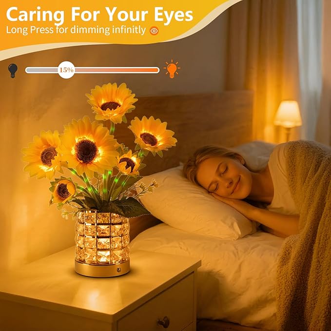 Sunflower LED Lamp,USB Rechargeable Touch Night Light, 3 Color Stepless Dimmable,Small Battery Flower Decor for Bedroom, Restaurant, Bar – Birthday, Mother’s Day,Wedding Gifts for Women,Mom