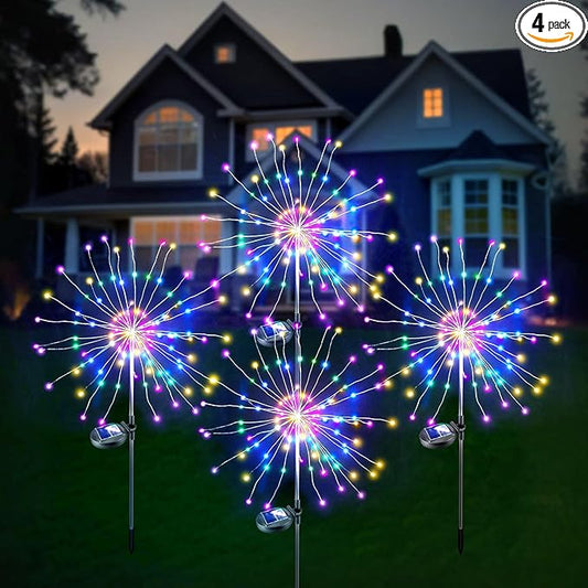 Anordsem Solar Fireworks Lights for Garden: Fairy Light Waterproof for Yard Outdoor Decorations - Sparkler Stick Powered for Patio 120 LEDs - Starburst Lamp Multi-Color Party Pathway Lawn 4 Pack