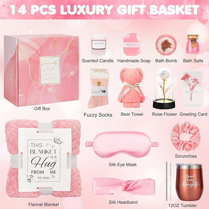 Birthday and Get Well Gifts for Women - Relaxing Spa Care Package With Luxury Flannel Blanket, Light-Up Rose Flower - Unique Self Care Gift Basket for Mom, Wife, Friends