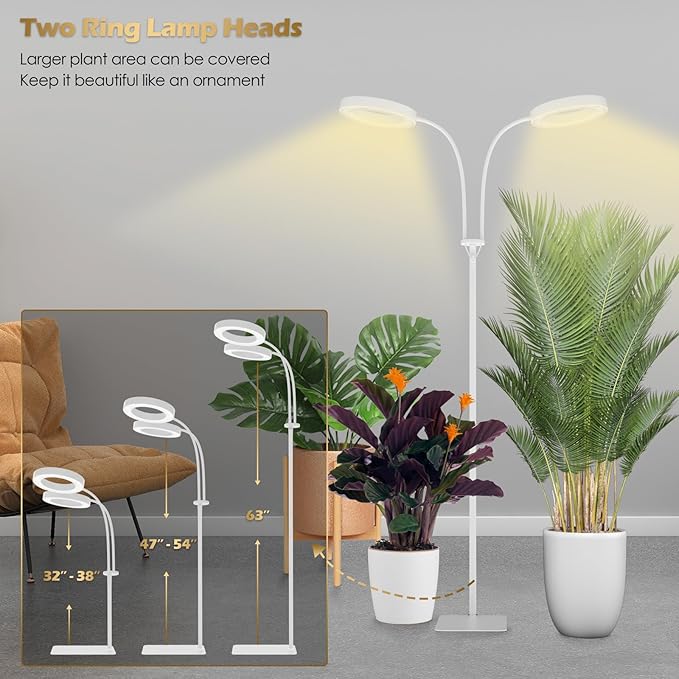 GLOWRIUM Grow Light with Stand,2-Head LED Plant Light for Indoor Plants, Full Spectrum Grow Lamp, 3/9/12H Timer, 6 Dimmable Levels, 3 Lighting Mode, Adjustable Height White