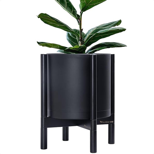 D'vine Dev Planter Pot with Stand - 12 Inch Plastic Cylinder Flower Pot with Wood Planter Holder for Indoor, Matte Black Pot + Ebony Stand, 55-C-Q-2