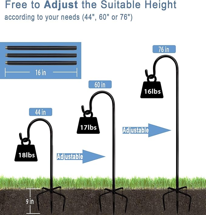 76 inch Outdoor Shepherd Hook with 5 Prong Base (2 Packs), Adjustable Heavy Duty Garden Hanging Stake for Bird Feeder Solar Light Plant Hanger Wedding Decor, Matte Black