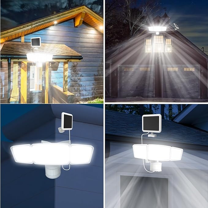 Energetic Solar Outdoor Lights, 1800LM 192 LED Security Motion Sensor Outdoor Lights with Remote Control, IP65 Waterproof Floodlight, 3 Head Motion Detected Spotlight for Garage, Pack of 2 (White)