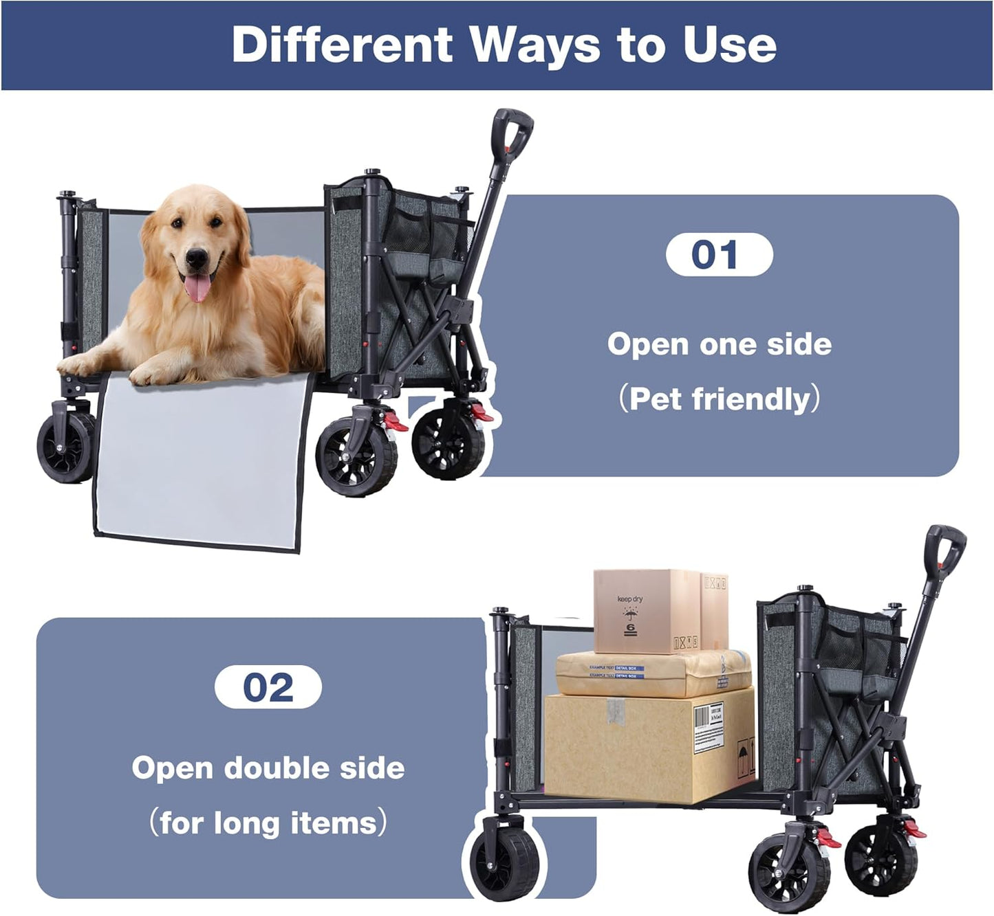 Collapsible Wagon Cart Foldable with Big Wheels Brakes, 250lbs Folding Utility Lightweight Garden Wagon, Portable Grocery Cart for Camping Shopping Sports Pets, Grey