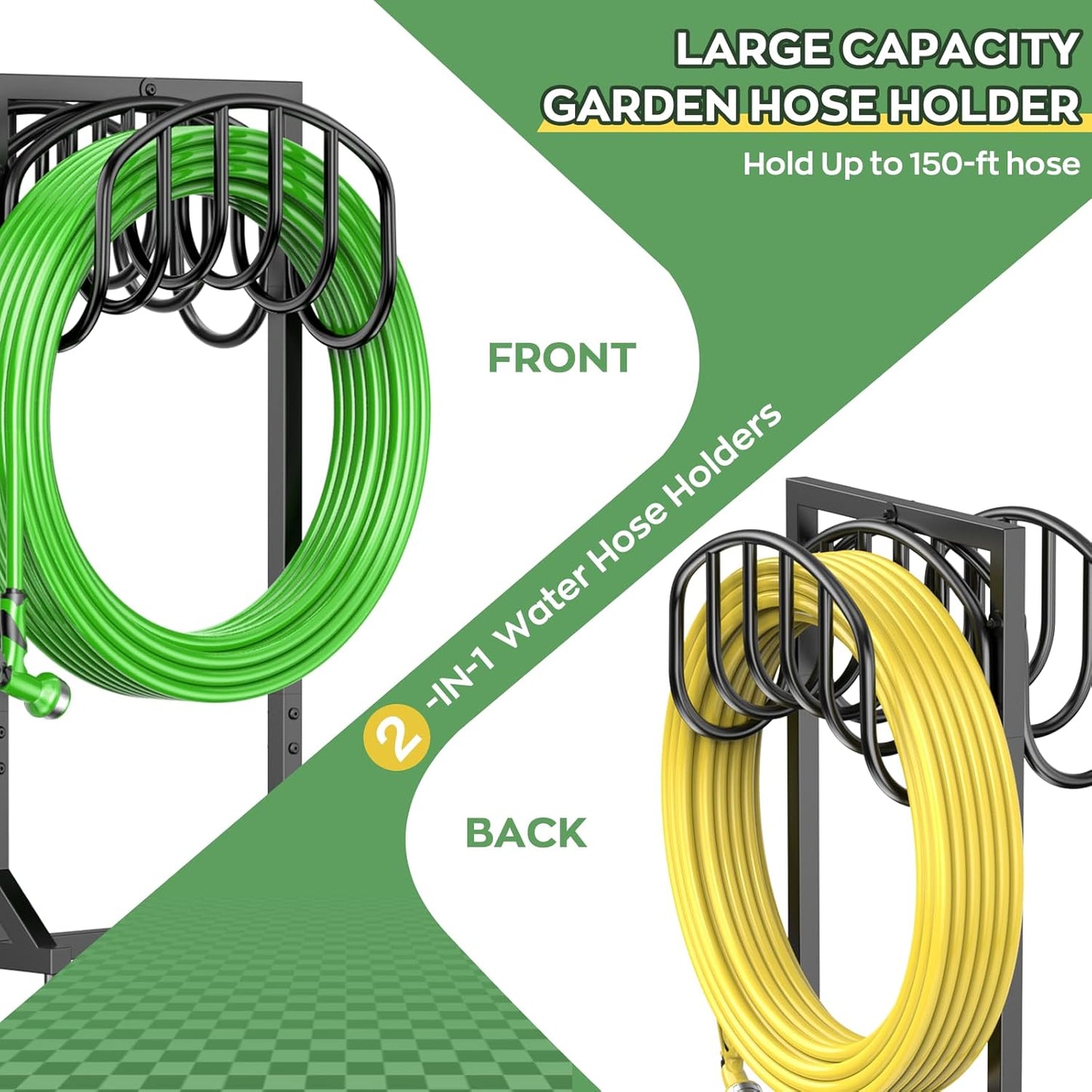 Garden Water Hose Holder Holds 2 * 150Ft Hoses, Heavy-Duty Metal Freestanding Hose Holder with 4 Spikes, Rustproof Garden Hose Reels Hose Hanger Storage for Outside, Yard, Lawn, Farm, Black