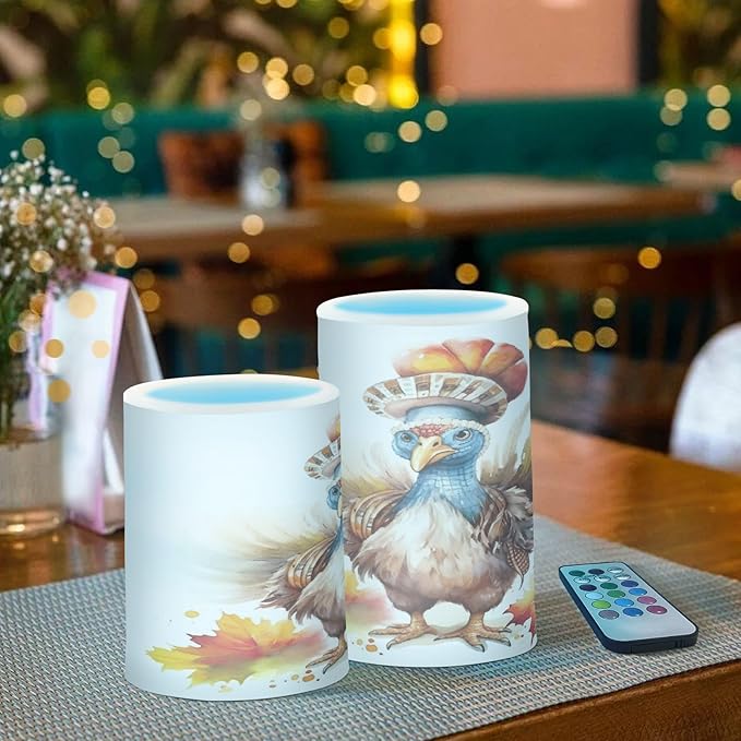 Flickering Flameless Candles, Cute Turkey Thanksgiving Pumpkin LED Candles with Remote Timer, Set of 2 Battery Operated Candle for Valentine Wedding Birthday
