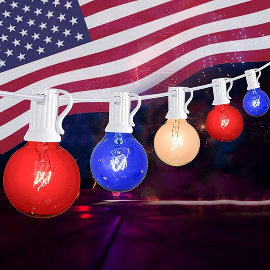 4th of July Decorations String Lights, 25Ft Outdoor Patio String Lights with 27 G40 Red White and Blue Light Bulbs(2 Spare), Independence Day Lights for Patriotic Party Garden Festival Decor- White