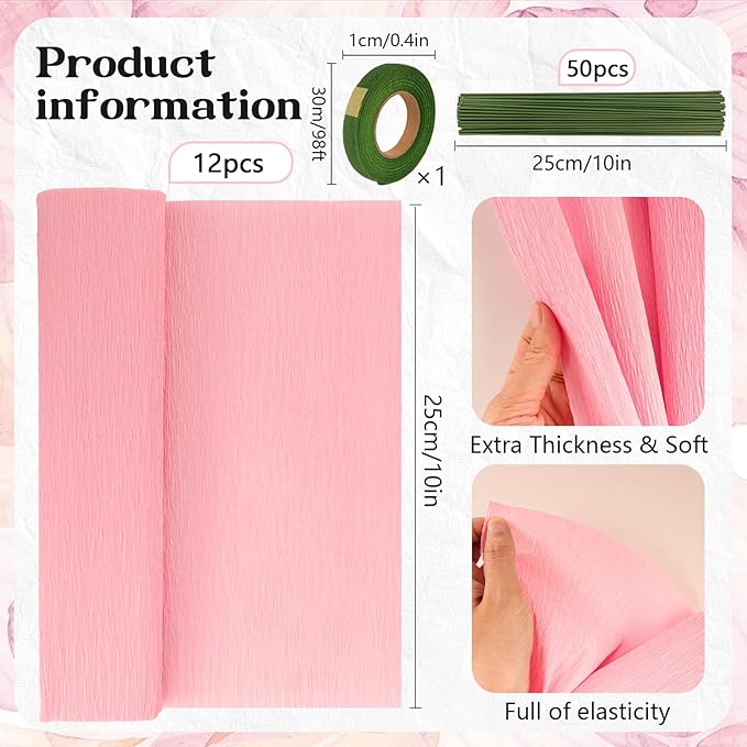 12 Colors Crepe Paper Rolls 10 x 98 Inch Crepe Paper Sheets Assorted Streamers with Floral Stem Wire and Green Floral Tapes DIY Flower Wrapping Paper for Birthday Party Wedding Festival Decoration