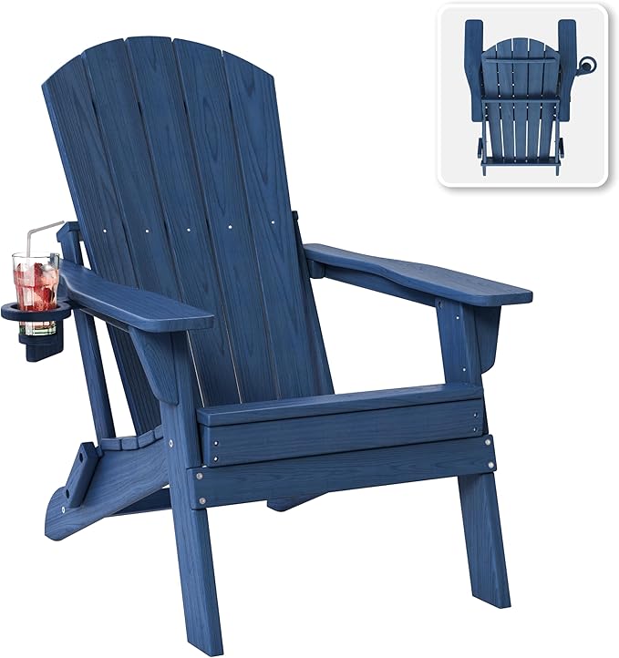 Folding Adirondack Chair with Cup Holder, HDPE All Weather Resistant Plastic Outdoor Patio Chairs, Heavy Duty Fire Pit Seating for Backyard Lawn Garden, Wooden Textured Design(Navy Blue)
