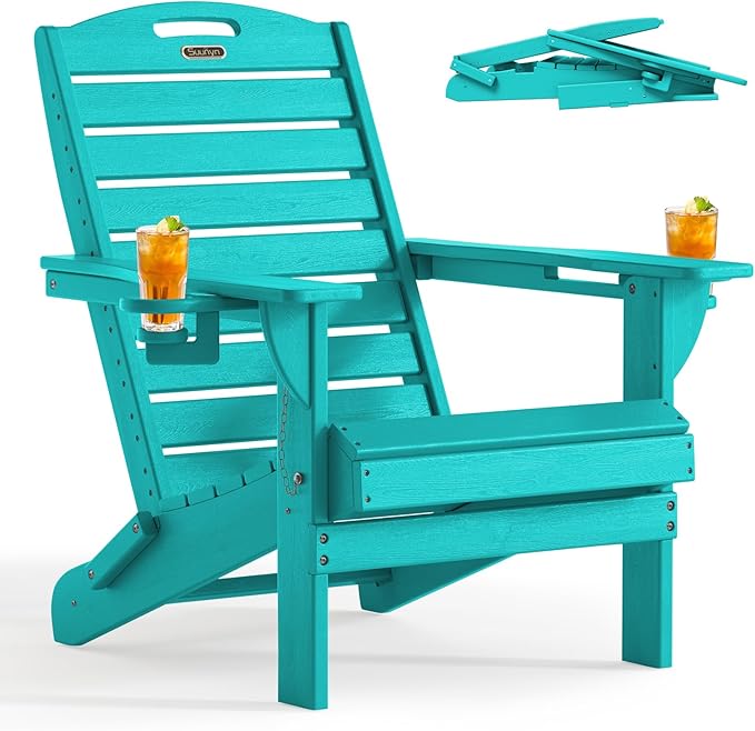 Folding Adirondack Chair HDPE All-Weather Adirondack Chairs with Cup Holder, Outdoor Fire Pit Chairs Lawn Chair for Deck Patio Garden (Lakeblue)