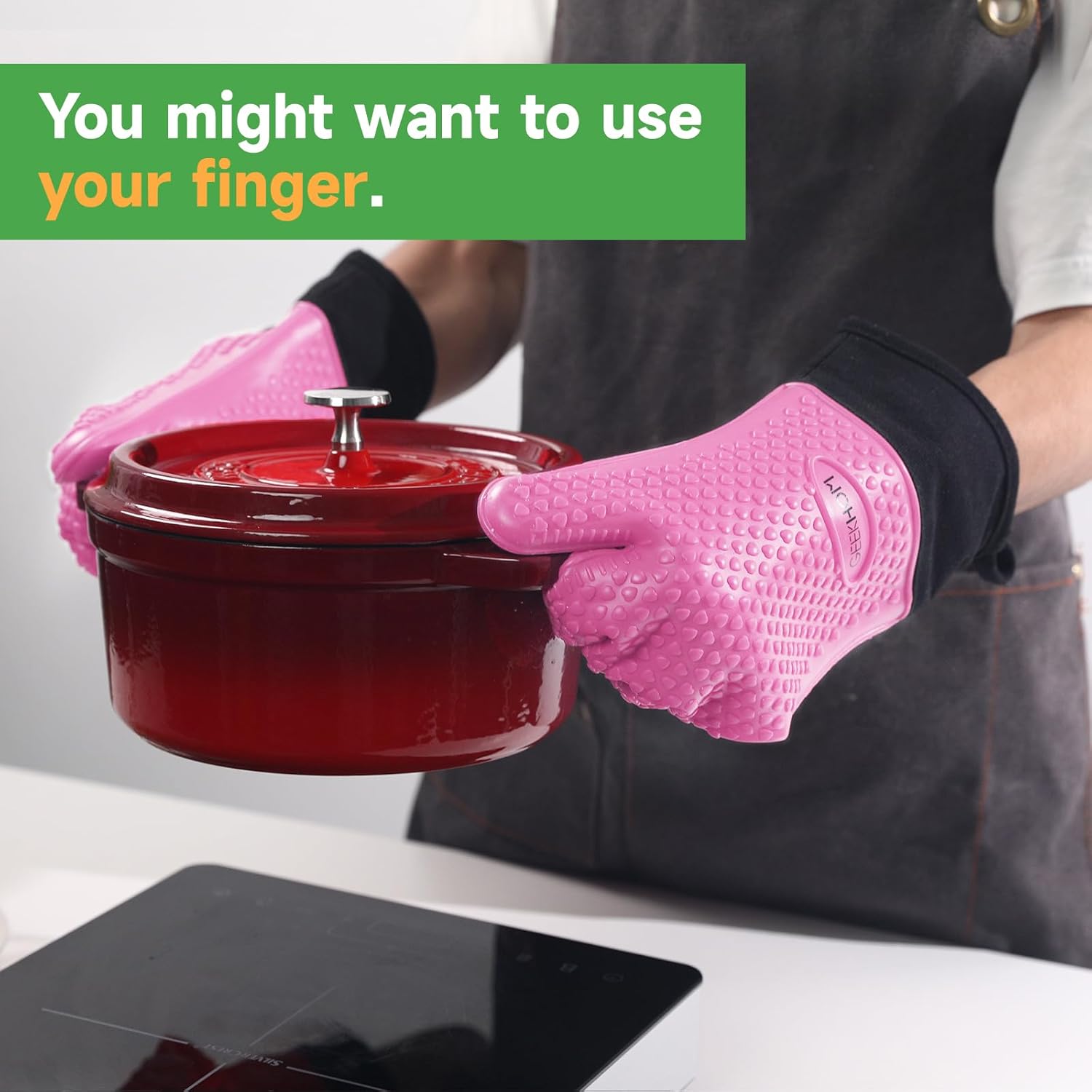 GEEKHOM BBQ Gloves Heat Resistant Oven Mitts - Silicone Grilling Gloves with 13.7" Arm Protection - Waterproof Pot Holder Non-Slip for Men & Women, Kitchen Outdoor Cooking, Baking, Camping, Pink