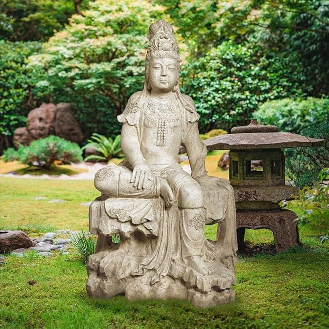 Design Toscano Resting Guan-Yin Patroness of Compassion Asian Decor Outdoor Garden Statue, 35 inch Tall, Fiberglass Cast Stone Resin, Limestone Finish