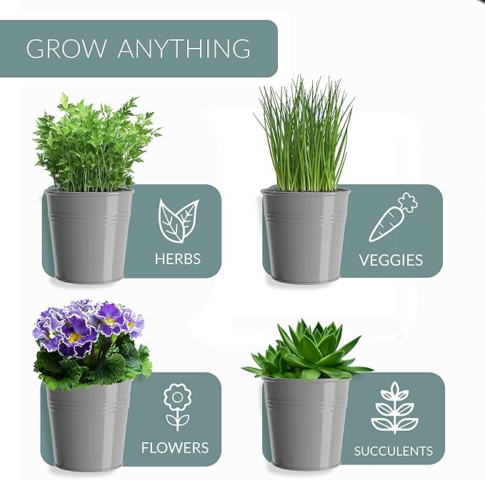 Barnyard Designs Indoor Herb Garden Planter Set with Tray, Metal Windowsill Plant Pots with Drainage for Outdoor or Indoor Plants, Set/3 (Cool Grey)