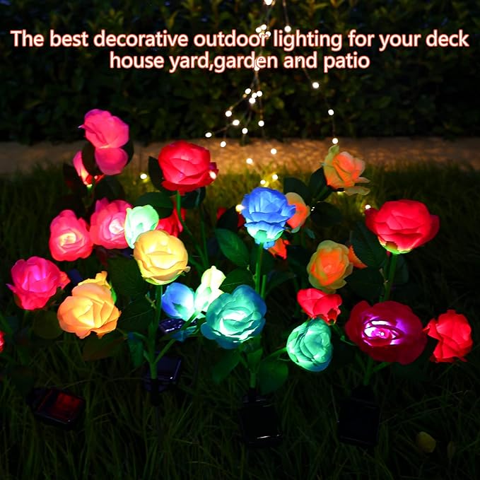 ANGMLN 2 Pack Solar Garden Lights, Solar Flower Lights Outdoor Waterproof with 10 Head Blue Rose 7-Color Changing Landscape Light for Garden Yard Pathway Patio Grave Cemetery Decoration