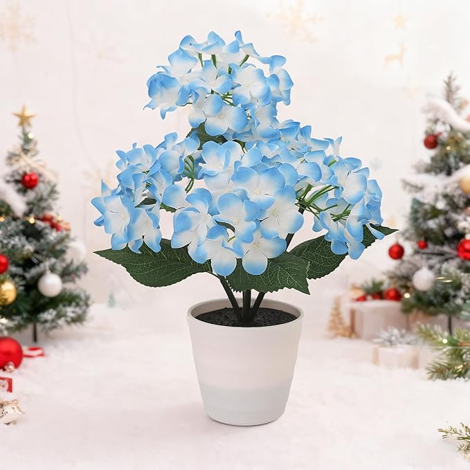 Blue Artificial Hydrangea LED Flower Pot - Lighted Floral Decor for Wedding, Christmas, Home Decor, Battery-Operated Night Light, Gift for Women